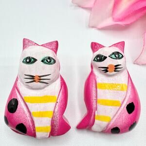 Vintage Pink Cat Earrings Wood Hand Painted Cute Funny Kitschy Kitty Whimsical